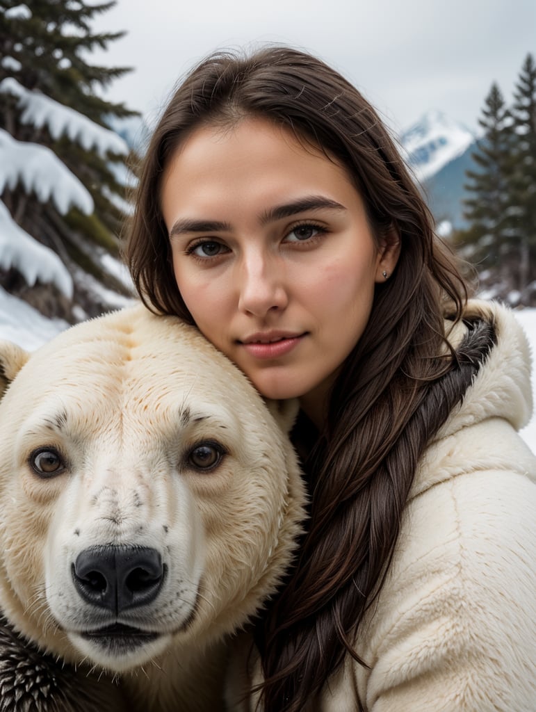 selfie of young woman with a polar bear, polar location, ice and snow, cold environment, highly detailed