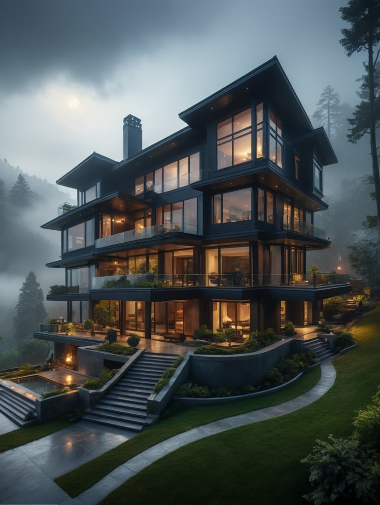 a modern luxurious house in serene nature. the background is relatively muted with fog