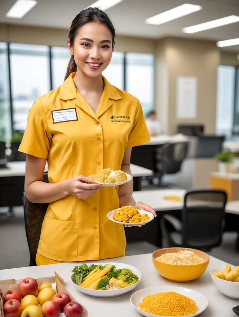 estudiante femenino de nutrición con uniforme amarillo y muestra de comida en la mano en un consultorio
