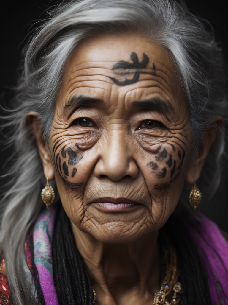 Elderly Asian woman with tattoos on her face, shaman, gray hair, jewelry, black background, black eyes