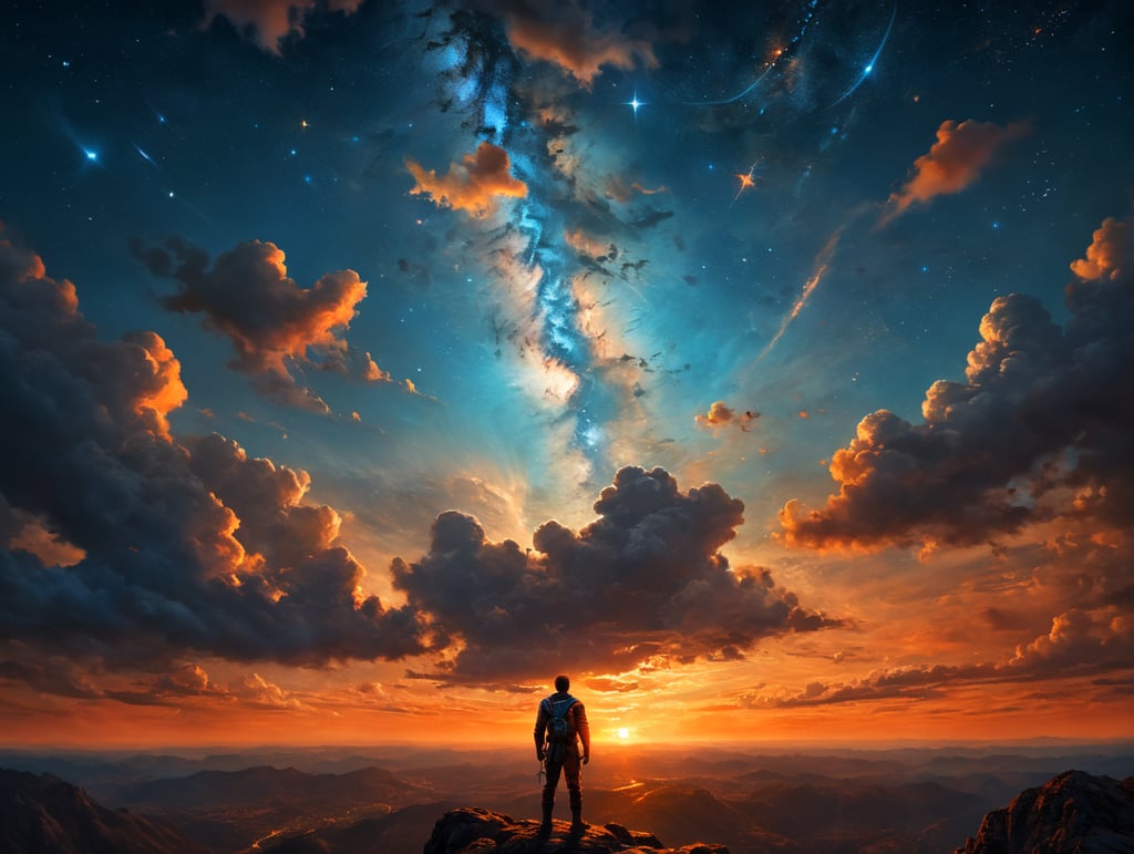 person looking at the magical orange blue sky with stars