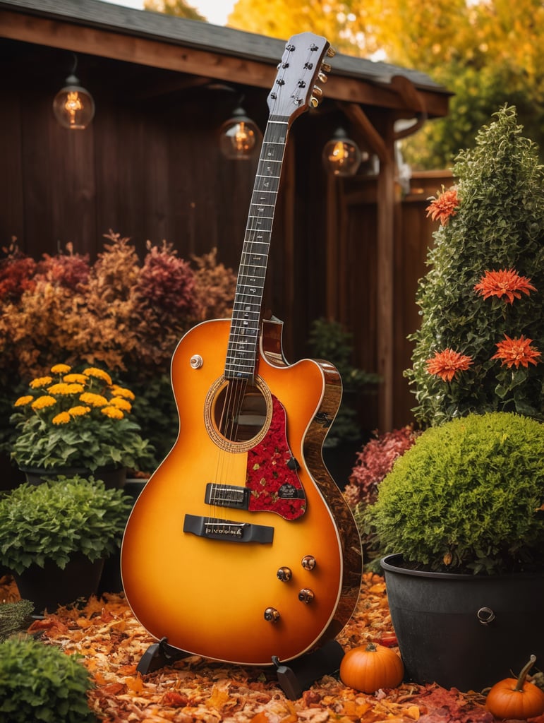 Backyard garden, plants in the shape of guitars, colorful autumn theme, beer, pizza