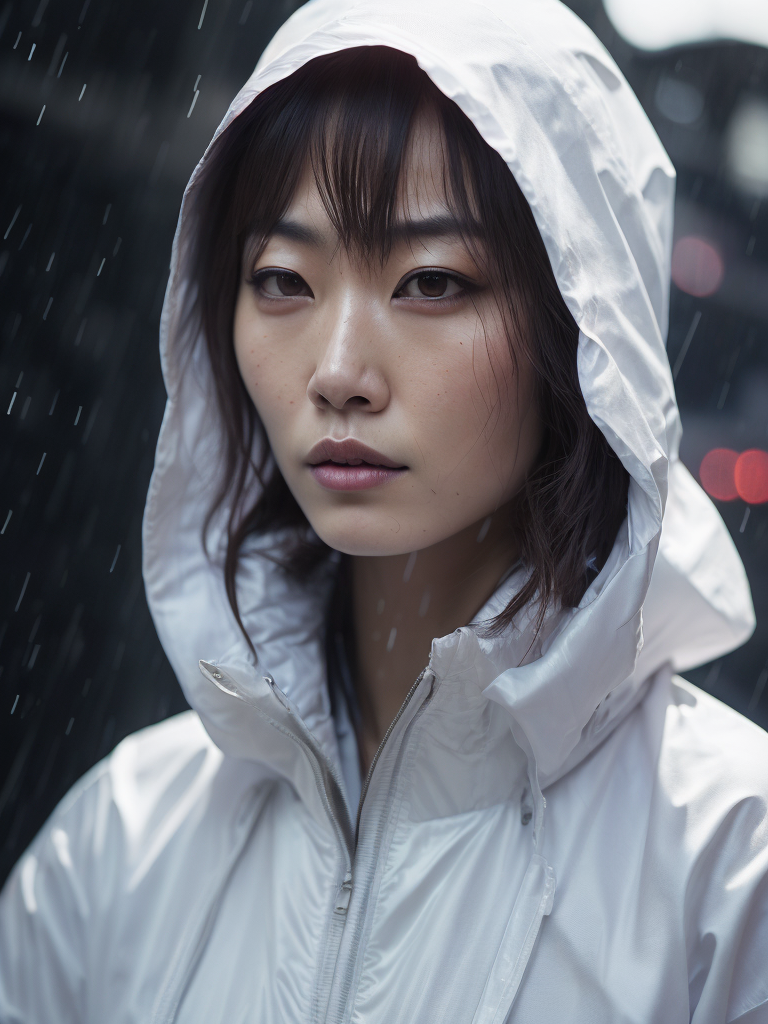 Portrait of Kaori from akira wearing transparent raincoat, rainy neo tokyo photoshoot, cyberpunk, Vivid saturated colors, Contrast light, studio photo, professional photo, Detailed image, detailed face