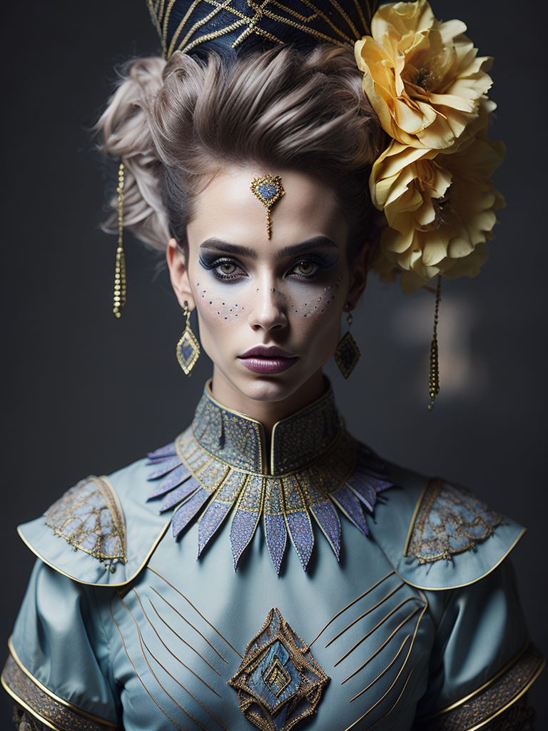 Epic portrait of tvenetian harlequin female clown with abyssinian cat head in pastels and gold intricate embellishments and geometric patterns and designs, high definition, photography, cinematic, detailed character portrait, detailed and intricate environment, strong breeze, nevus under left eye, detailed and intricate environment