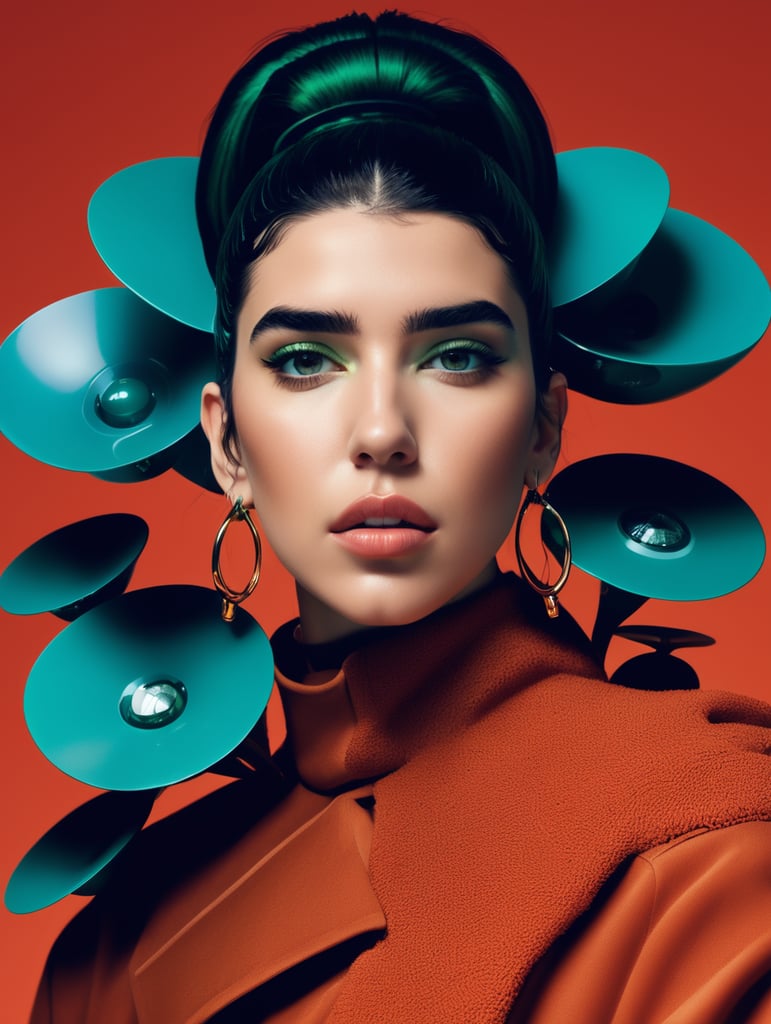 Dua Lipa, futuristic, simplygo, photoshoot spread, dressed in all green, harpers bizarre, cover, headshot, hyper realistic