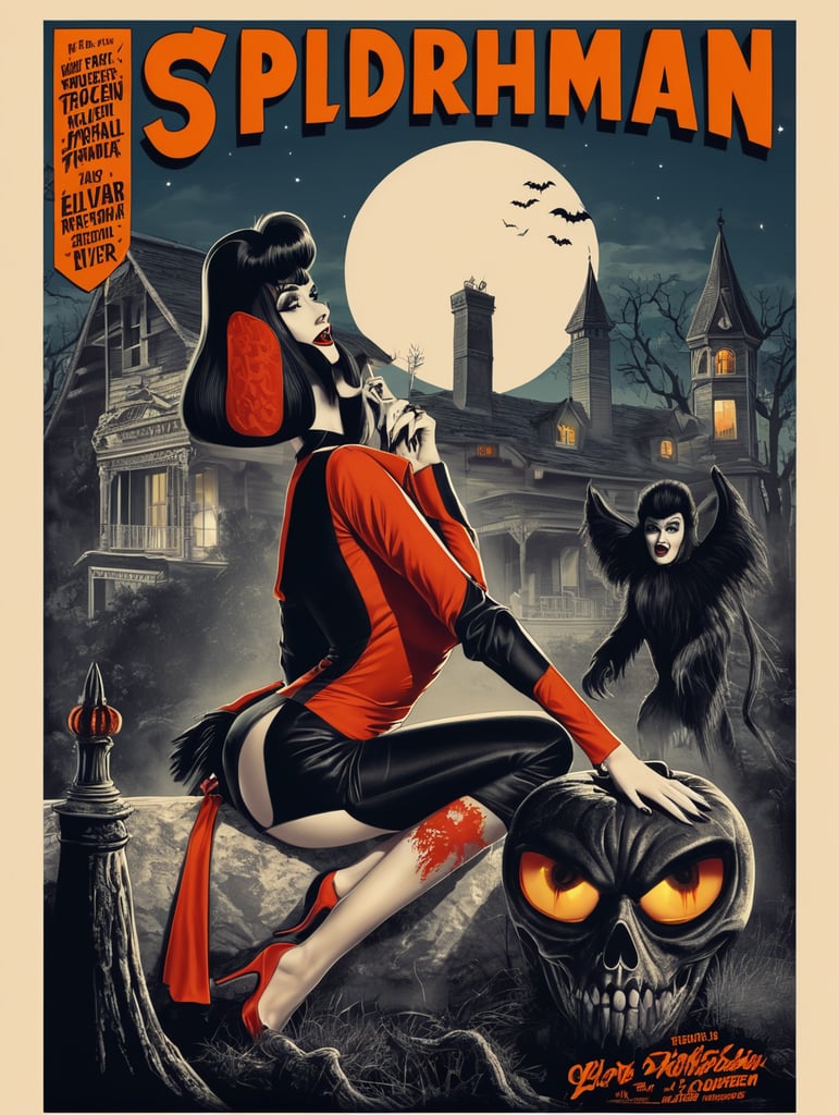 1950's b-movie horror halloween t-shirt print design featuring Elvira