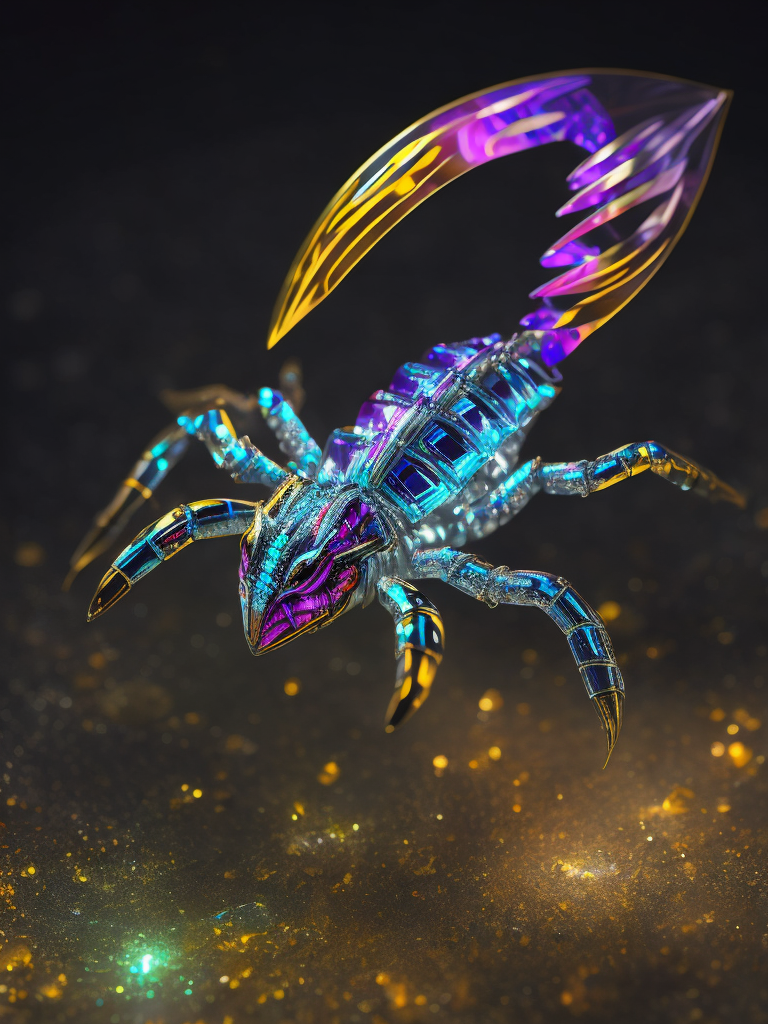A crystal scorpion in swarovski style, vibrant colors, high detail, contrast light, sharp focus
