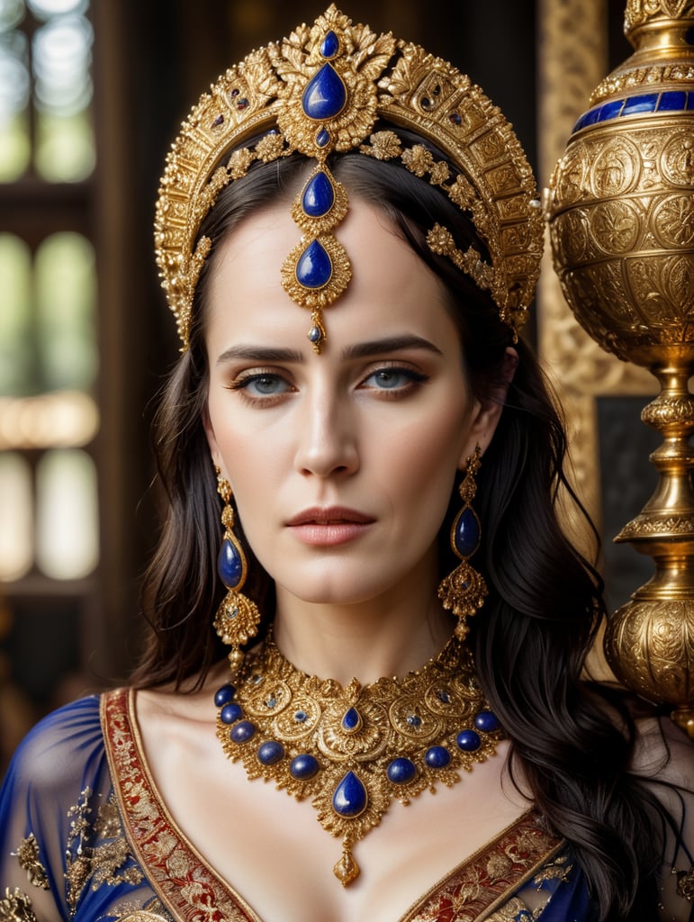 Portrait of Eva Green as an evil spirit, demonized Queen of Sheba or Bilquis, the Sumerian goddess, voluptuous look, in a transparent tunic richly decorated with gold embroidery, all studded with precious jewelry - gold, silver, lapis lazuli, carnelian, agate and chalcedony beads, with large gold earrings and a headdress of gold flowers inlaid with Indian carnelian and Afghan lapis lazuli, in her hand she holds a golden bowl filled with blood, in the interior in the style of Sir Edward John Poynter's The visit of the Queen of Sheba to King Solomon, eerie, sophisticated, Halloween, cinematic photography, action shoot, movement, epic, high definition