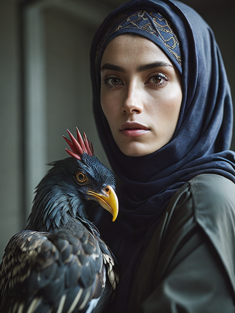 hyper-realistic, ultra-detailed photograph Portrait of a Beautiful women from wearing black niqab hijab hugging a Rooster in the Renaissance ottoman mosque background, detailed gorgeous face,