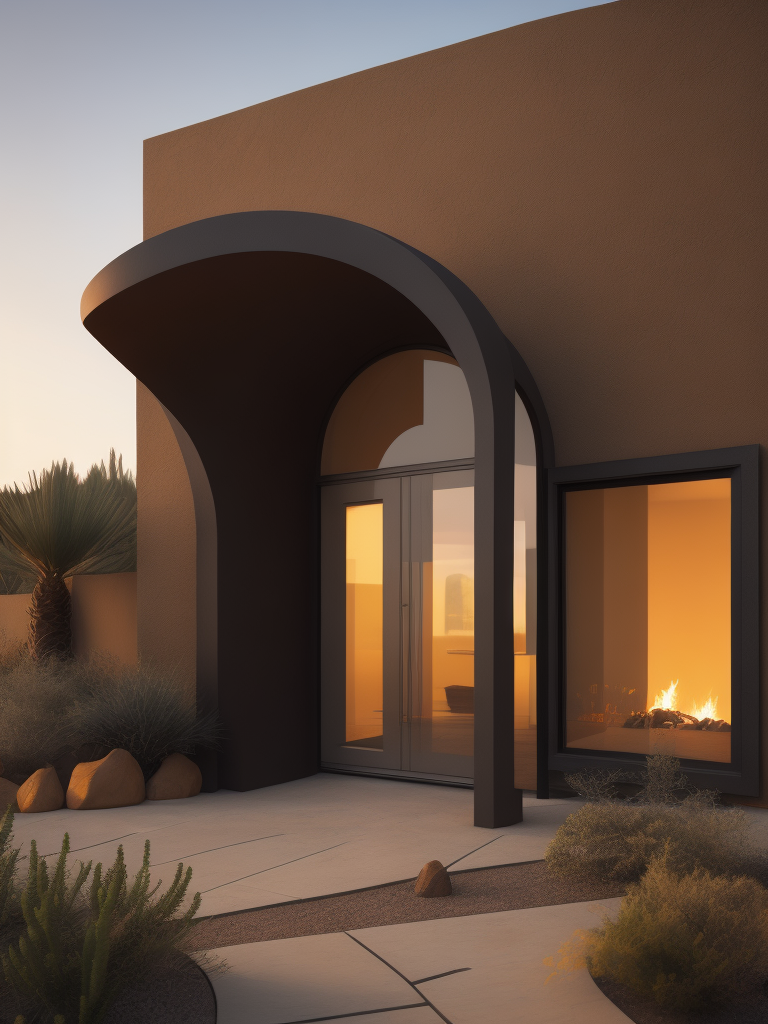 An architectural rendering of a minimal, geometric, curved, sculptural, stucco textured, tan desert abode, sand and clay facade with small carved window openings, wood accents, arched glass door opening, cactus, tumble weed, artificial lighting, desert landscaping, outdoor camp fire, located in Arizona during twilight, hazy horizon