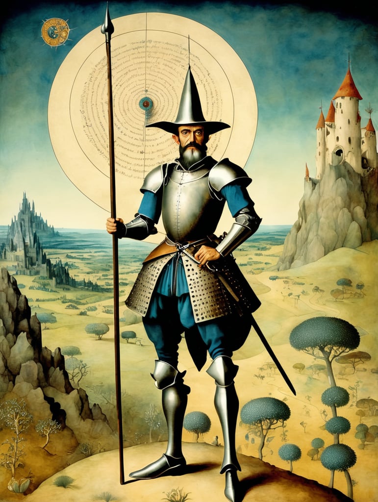 Terence mckenna in the form of don quixote standing and looking far in voynich manuscript by hieronymus bosch