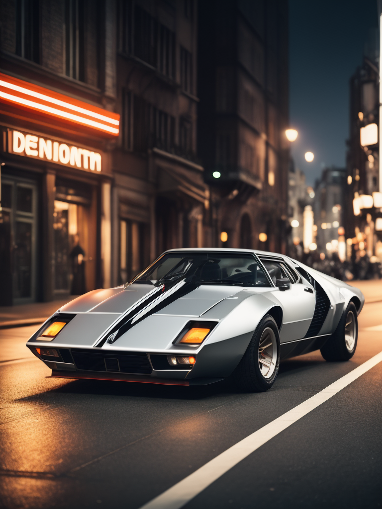 analog gloomy photo of a silver Lancia Stratos Zero car, low view, ground level view, diagnoal view, brushed aluminum, driving on a busy city street at night, dark photo, neon lights, smokey atmosphere