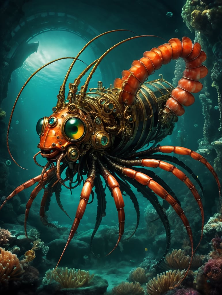 image beautiful steampunk unique artwork fantasy, steampunk style deep sea shrimp (Sergestes similis), skilled steampunk craftsmanship, isolate, deep ocean dark setting,