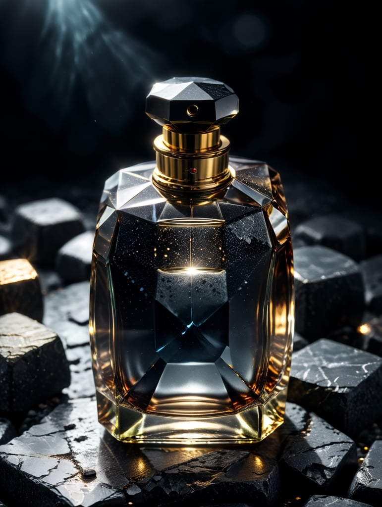 professional photography of a luxury perfume, square chrome bottle, faceted black stone in the form of a cap, surrounded by particles and dust, no label, clear, mockup