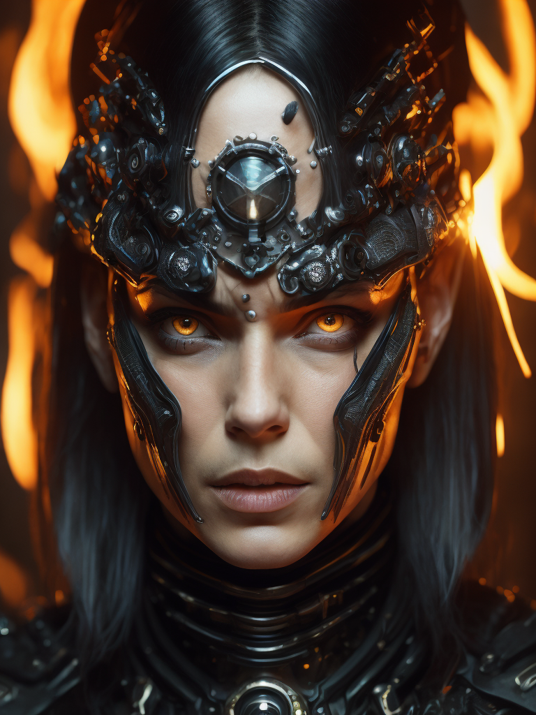 A witch with robotic implants on face and body very intricate sharp focus, dark art, dramatic lighting, style image hr giger, darkness ratio, fire background, fairytale and high fantasy, pretty face, mystical, mythical, magic, fantasy, perfect hands, perfect eyes, esoteric, mystical, cg, best quality masterpiece, dslr with a 200mm lens, greg rutkowski, 45 degrees, --s100, ultra realism, realistic photograph, hyperdetailed, very sharp, sharp focus, realistic details, professional, directed by ridley scott