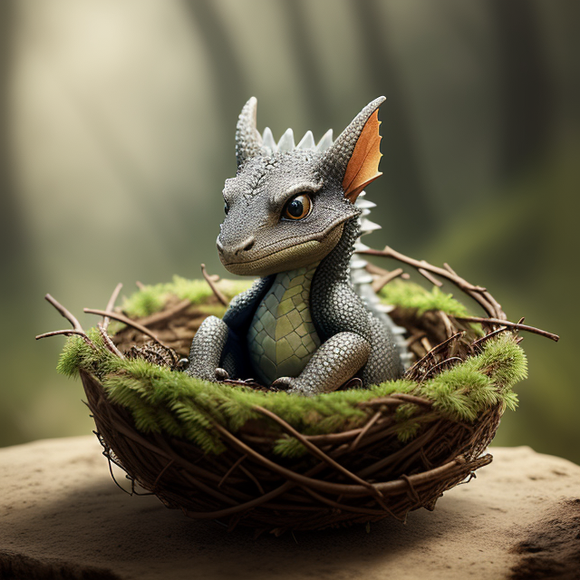 RAW photo, high resolution, (((masterpiece))), baby dragon in a nest, intricate dry twigs, dew drops, prehistoric forest background, very detailed, 8k, sharp, fantasy, (((photorealistic))), award-winning movie poster, UHD, HDR, octane render, unreal engine 5