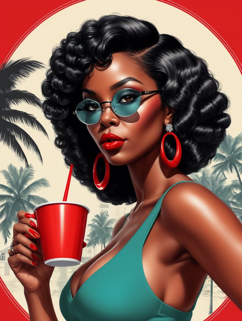 Miami black woman holding a red cup eye-catching poster-style drawing and illustration representing the iconic pulp style.