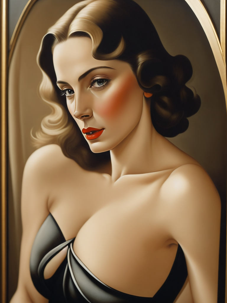 A painting of a very beautiful, middle aged woman in the art deco style of Tamara de Lempicka.