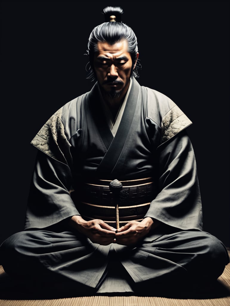 a samurai man sitting and meditating in darkness, old classical japanese style