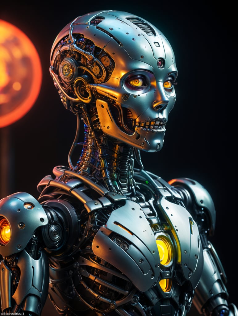 humanoid female model portrait, beautiful, full body pose, skeletal robot, hyperrealistic scene, spotlight, masterpiece, avantgarde, neon colors, full body pose, sci-fi, futuristic otherworldly planet scape, robot humanoids