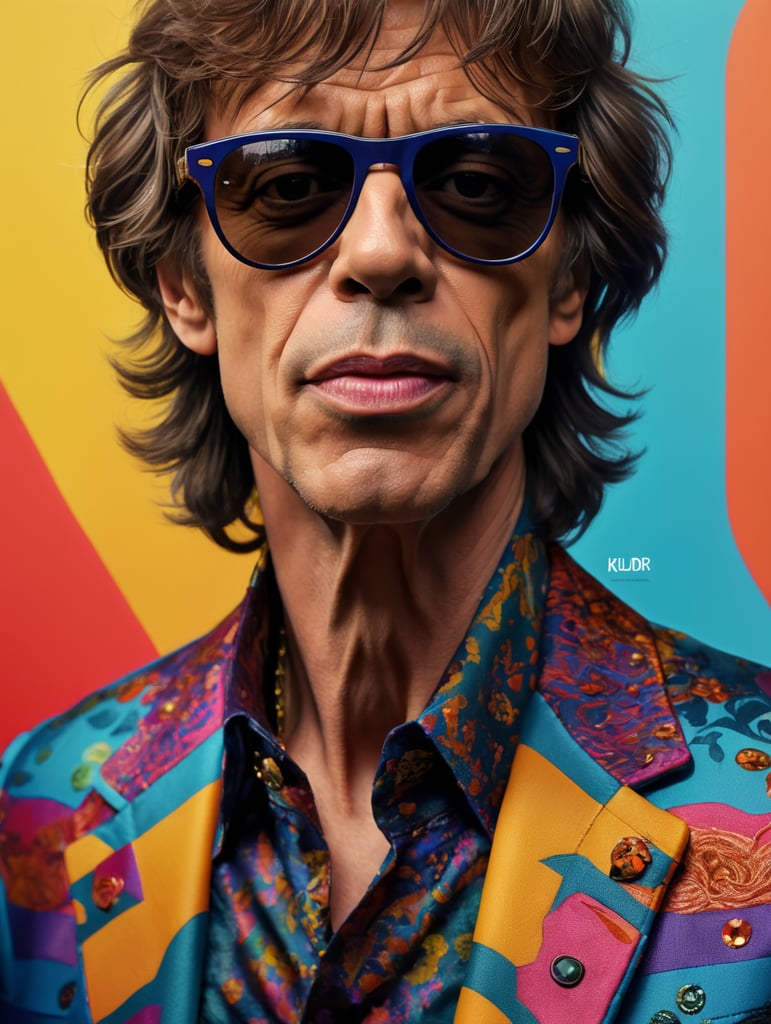 Mick Jagger wearing a brightly patterned jacket and wayfarer glasses, Vivid saturated colors, Contrast color