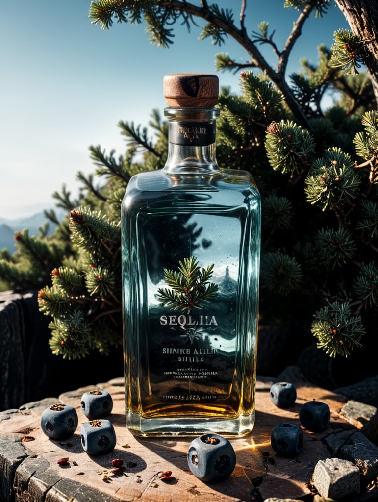 professional photography of a square gin bottle, square bottle, surrounding a juniper and juniper berries, one shot of tequila, salt, no label, clear, mockup