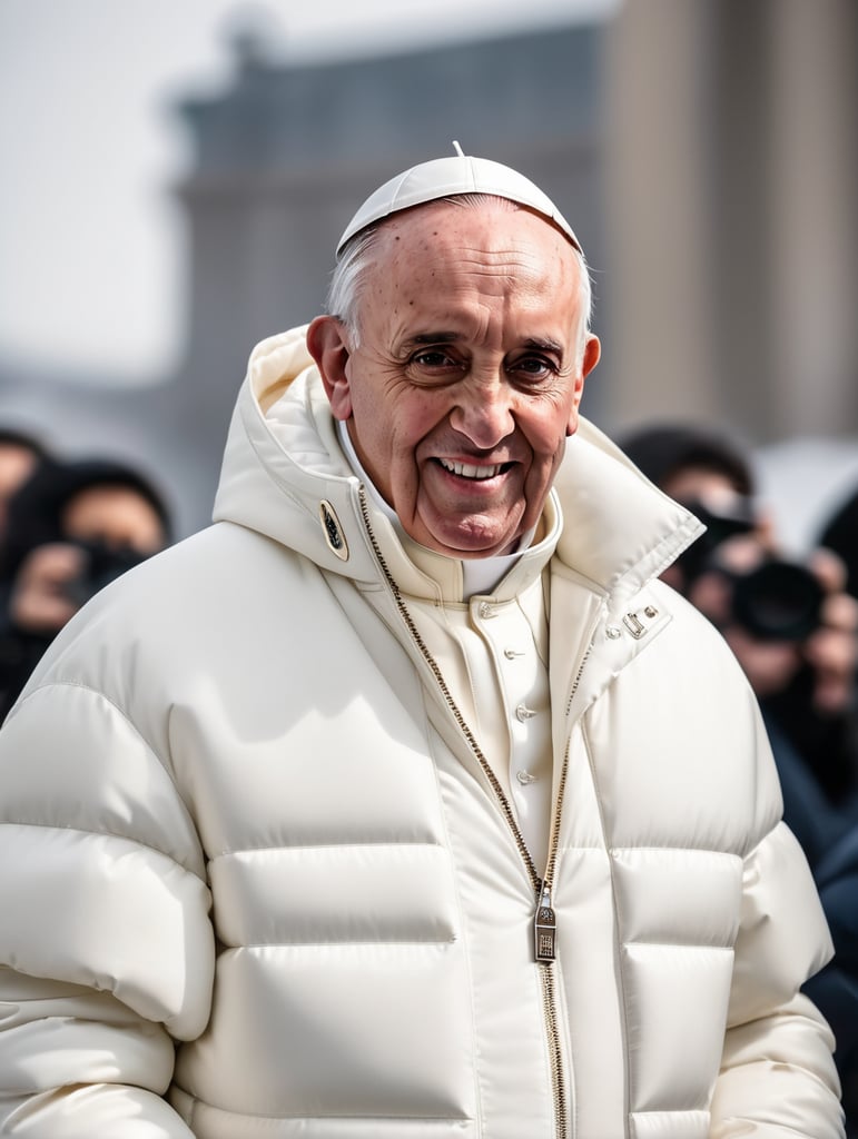 Professional photo of a glamour Pope Francis looking stylish in a white puffer jacket