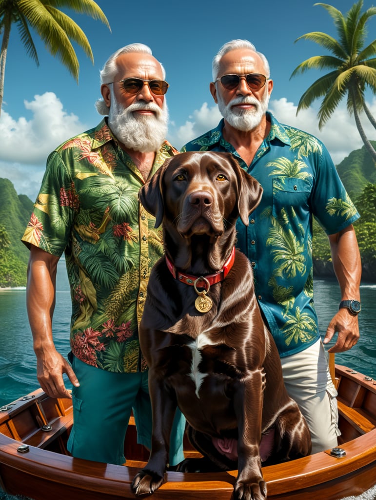 Two all chocolate color labs on a boat with Santa Claus in a tropical print shirt.