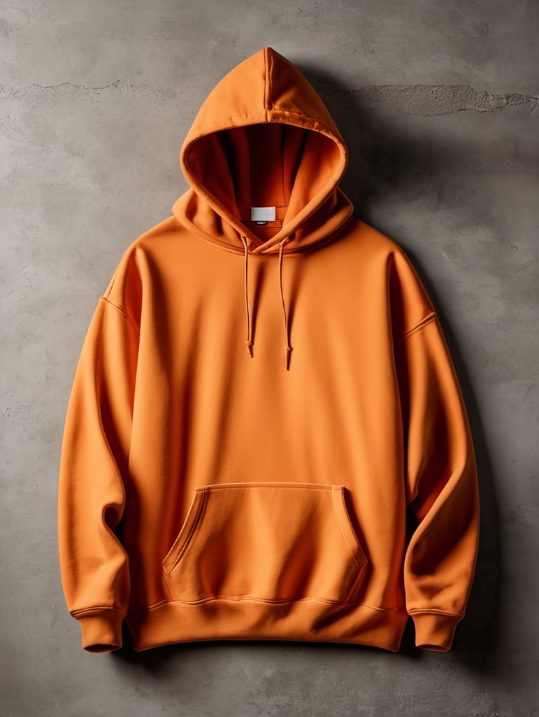 drop shoulder orange vintage washed hoodie without drawstrings blank mockup, laying on a concrete floor