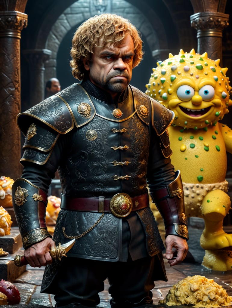 Tyrion Lannister stood next to spongebon mafia style