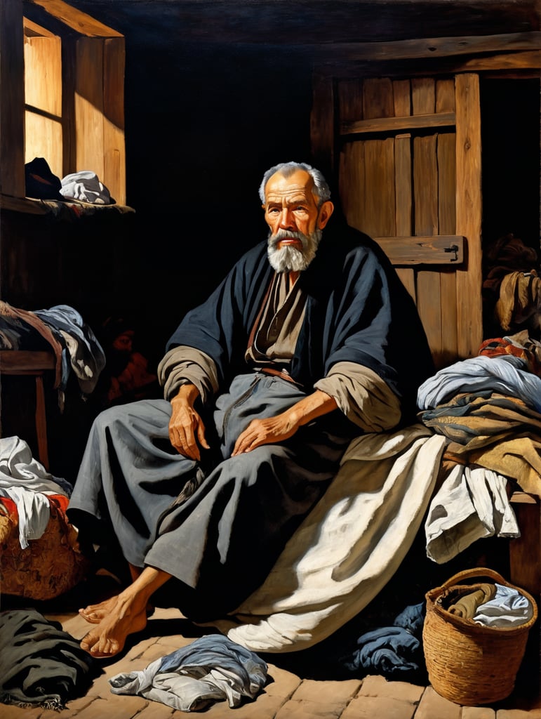 A masterpiece painting by Diego Velázquez, fullshot view of a bearded old man, suffering, lying on a pile of old clothes, surrounded by beautiful masterpiece paintings, in a poor wooden house, at very dark night at the shadows