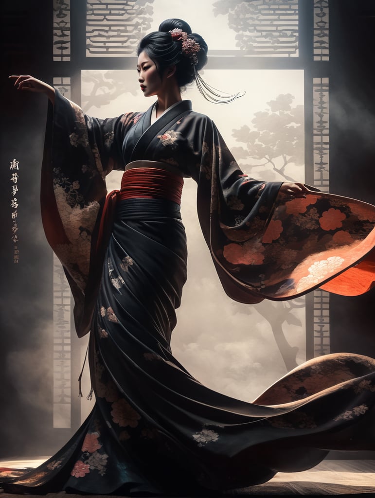 dark silhouette of an ethereal shadow of a [geisha in a kimono with long flowing sleeves billowing in the breeze