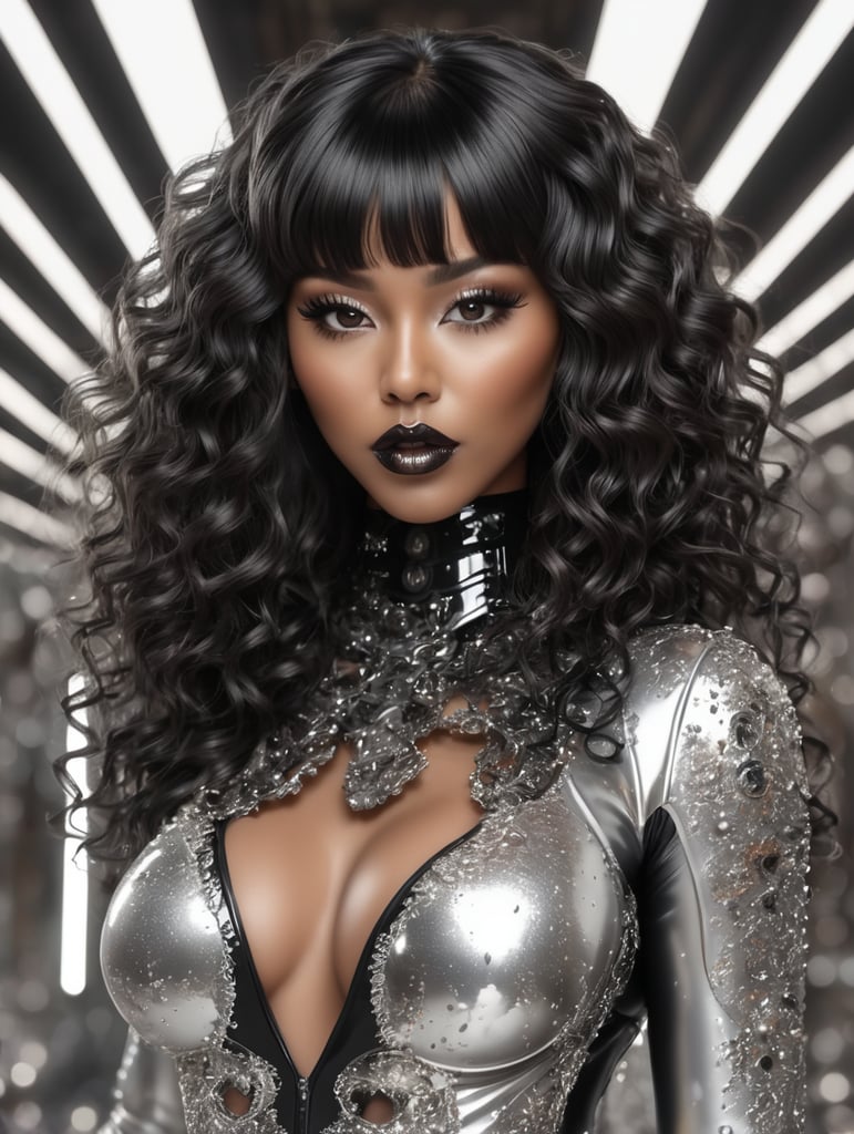 shiny reflective black metal lips with long black curly hair, hair bangs, 3d, silver shiny nails, 3d light silver paint splatters everywhere, brown reflective skin, long eyelashes , cybernetic eyes, latex bodysuit, full body, high heels, hyper realistic, open mouth, back view