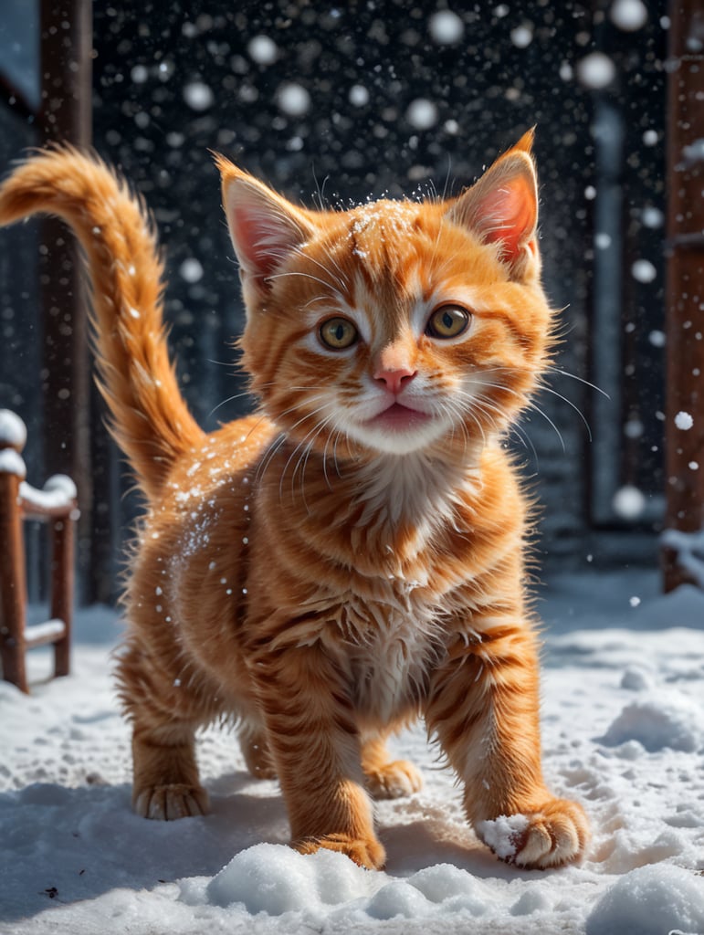 Small ginger kitten playing in the snow