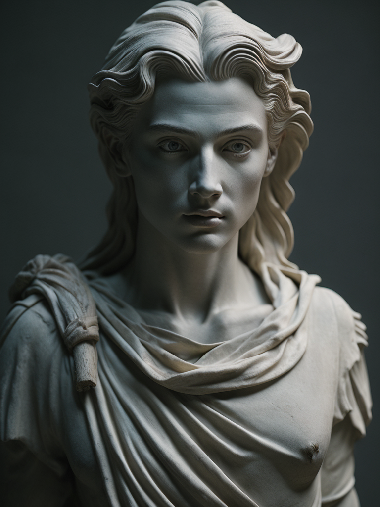 a half of a head of an antique Greek marble statue, sharp on details, dark atmosphere