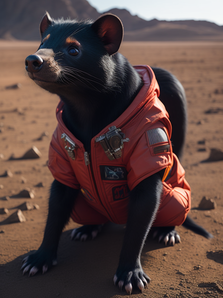 A tasmanian devil in astronaut costume on the ground of the planet mars