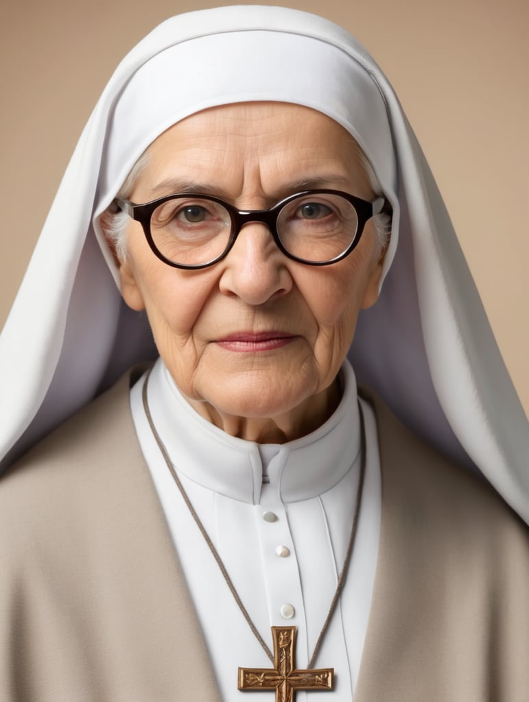 old Spanish white nun, who wears glasses, front-facing