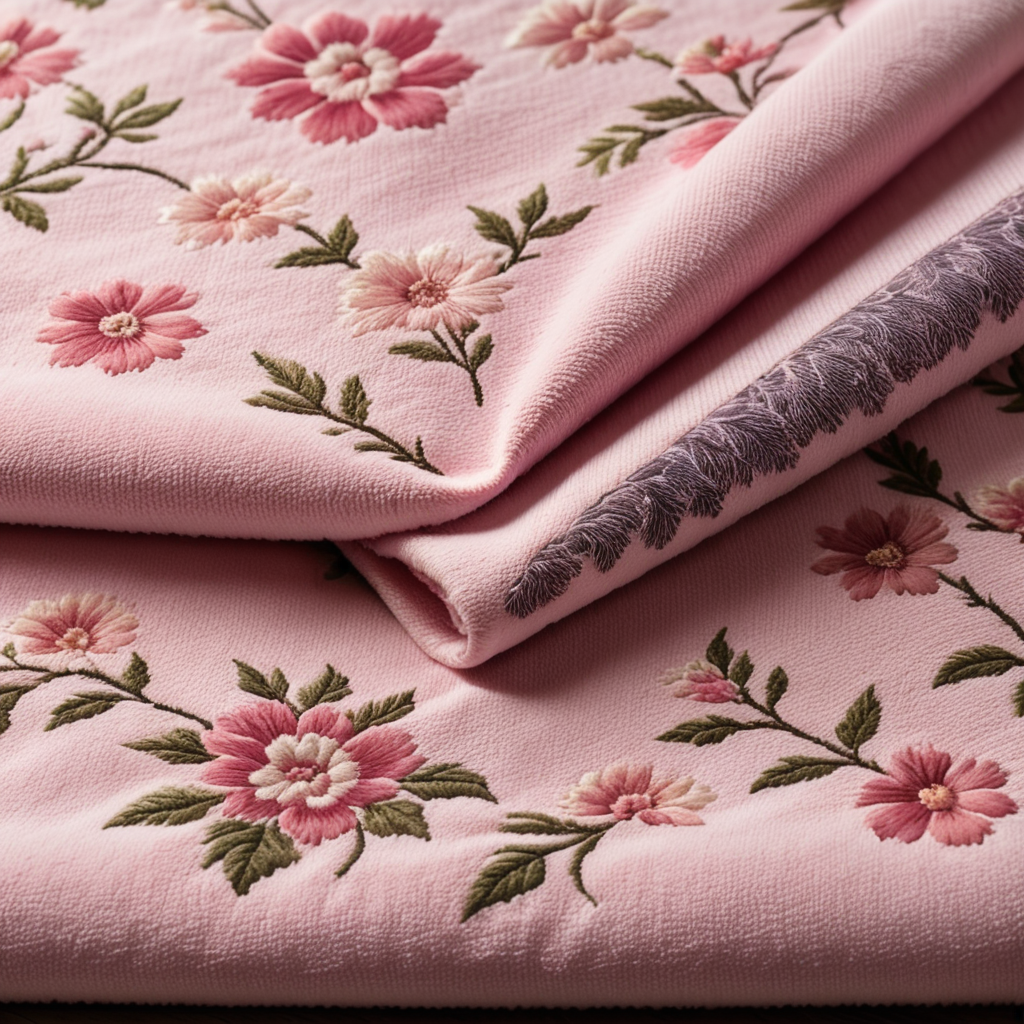 Create a Sherpa fabric texture with a floral pattern in baby pink color, giving it a fluffy and cozy feel.