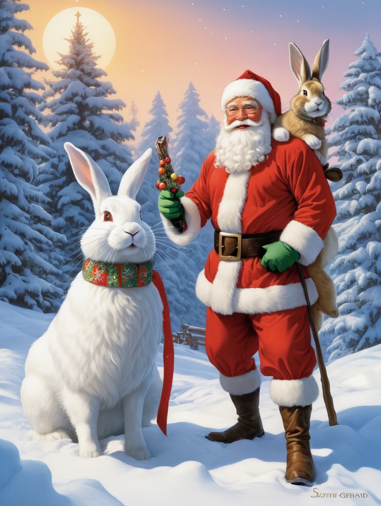 New year's card, Santa Claus and Snow Maiden, rabbit, deere, by Justin Gerard and Greg Rutkowski