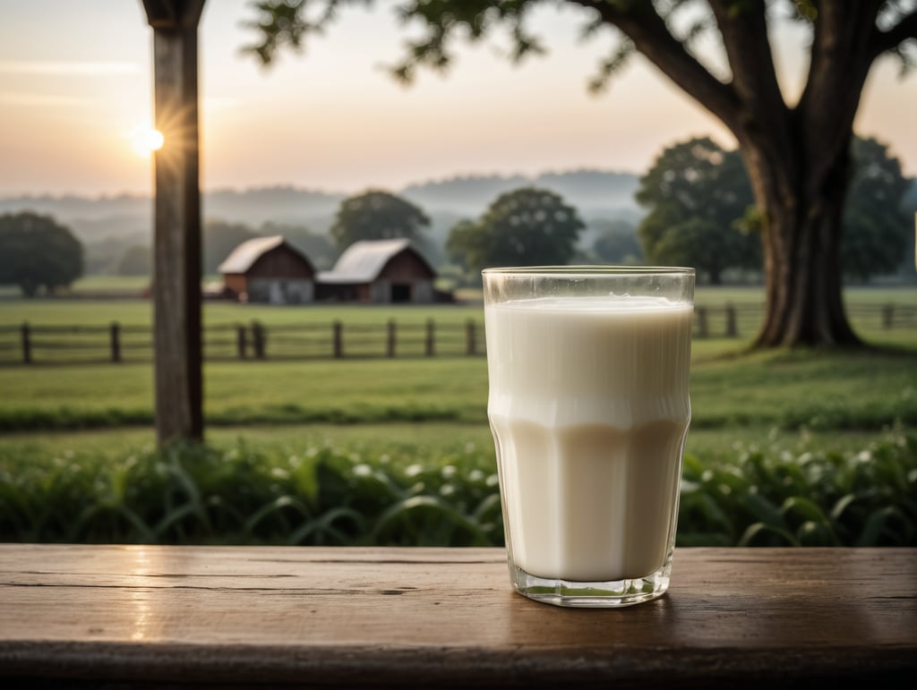 A mockup of a glass of milk, early morning, farm blurred background