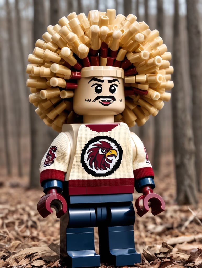 Fat big hair Lego with wrecked Lexus LX470 wearing South Carolina game cocks sweater