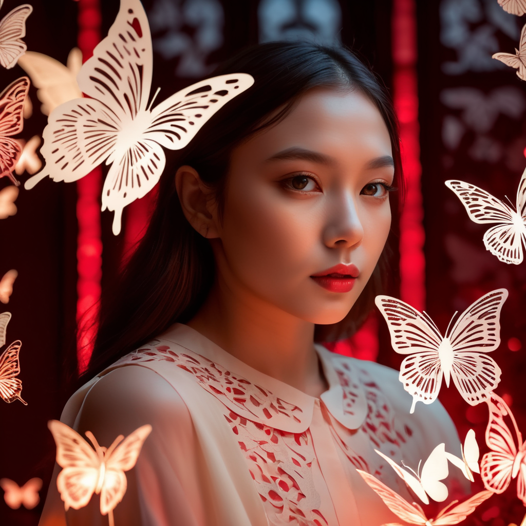 Paper cut scene, paper cut girl in the foreground, red lighting behind her, mystical atmosphere, paper cut butterflies flying around