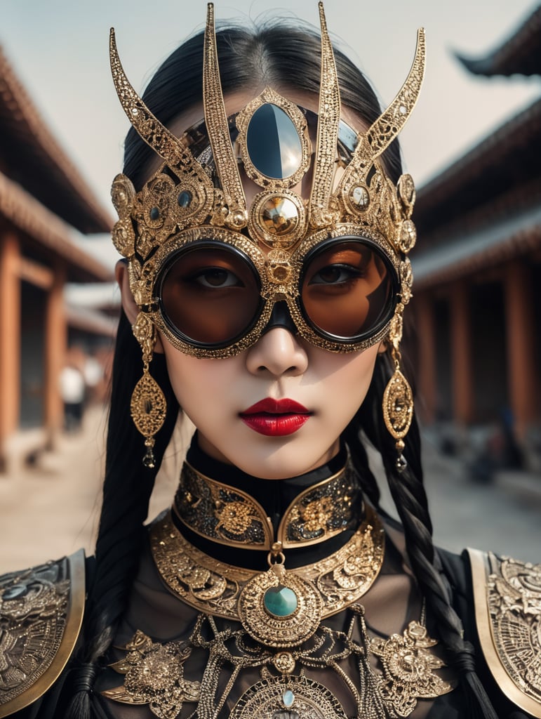 Jeweled mask, solarpunk travaler, futuristic mongolian nomad, traditional japanese outfit, gothic, avant garde glasses, technical outfit, construction worker, full body, women posing, epic portraiture, culturally diverse elements, full body, award winning photography, tinted light, modern african high fashion, futuristic experimental fashion photograghy, gothic avant garde, religious iconography, thick jewelry, abstract painted dress, matt black mask