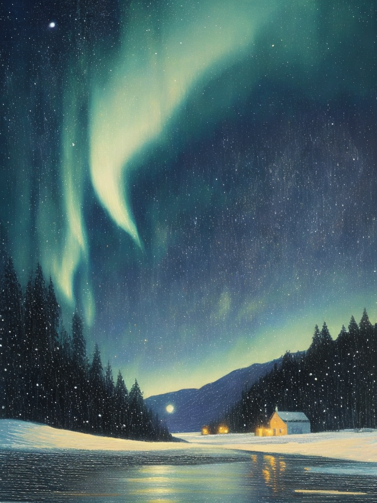 nothern lights, torqoise and white, polar, pointillism, Beautiful landscape, intricate detail, by Paul Signac and Maximilien Luce