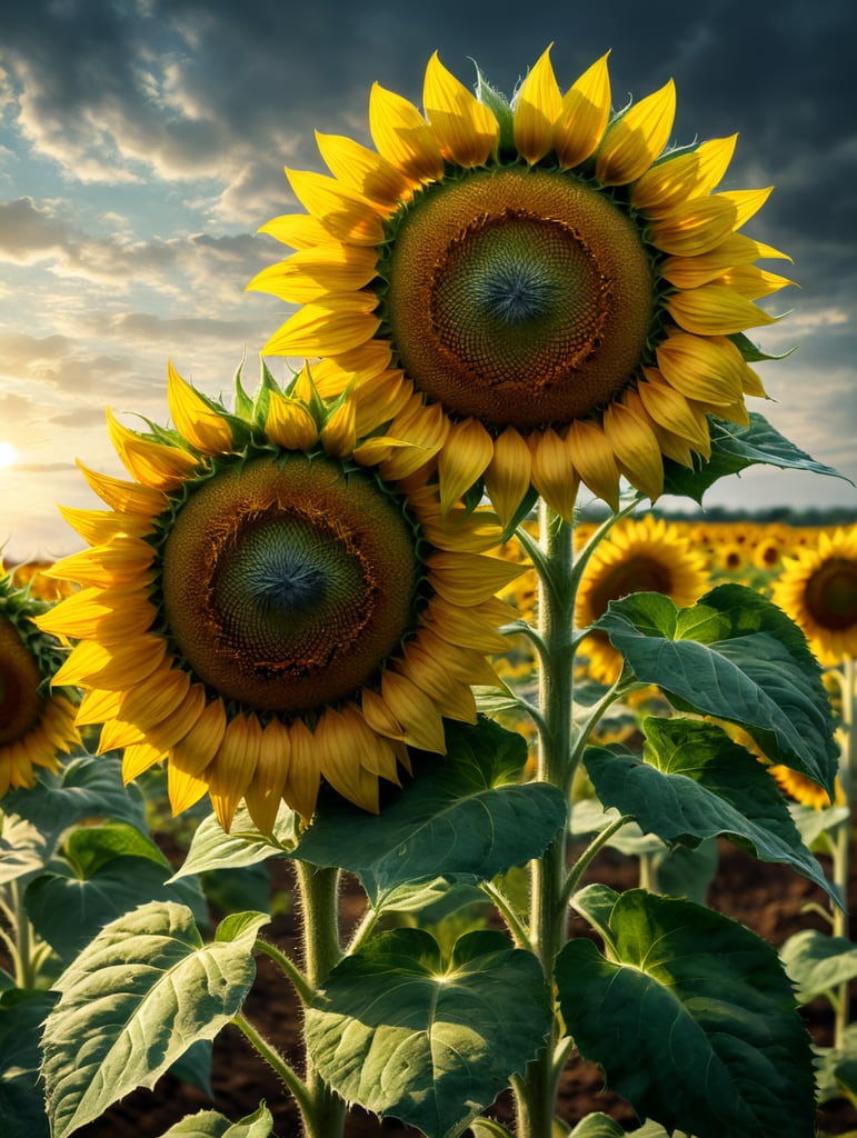 two sunflowers hold each other by the leaves like people by hand. It should be a gentle picture against the background of a field,
