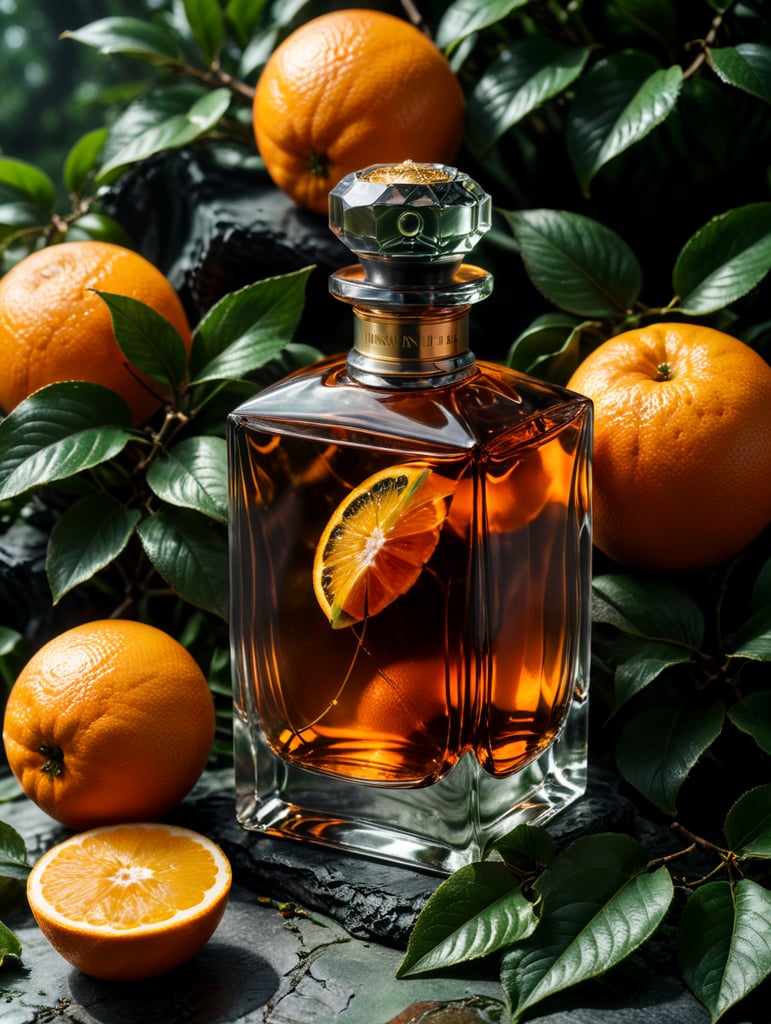 professional photography of a luxury perfume, orange fruits around, orange forest, green satin scarf, no label, clear, mockup