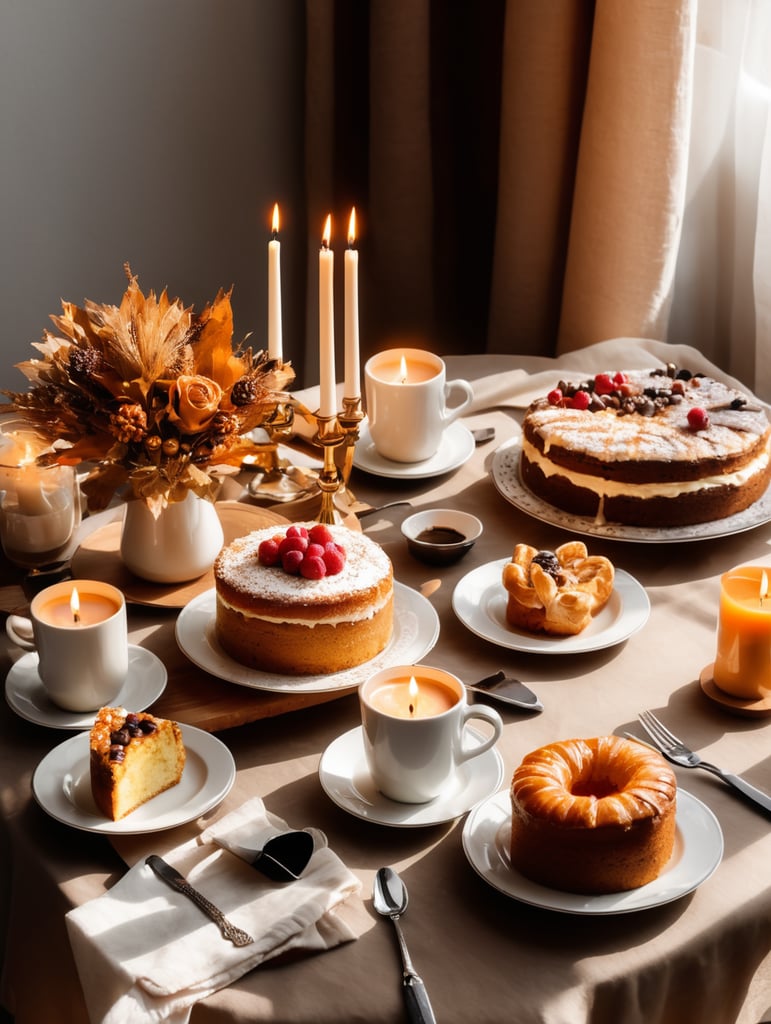 Breakfast table hot coffee birthday cake with candles some pastries autumn ambient daylight warm sunlight