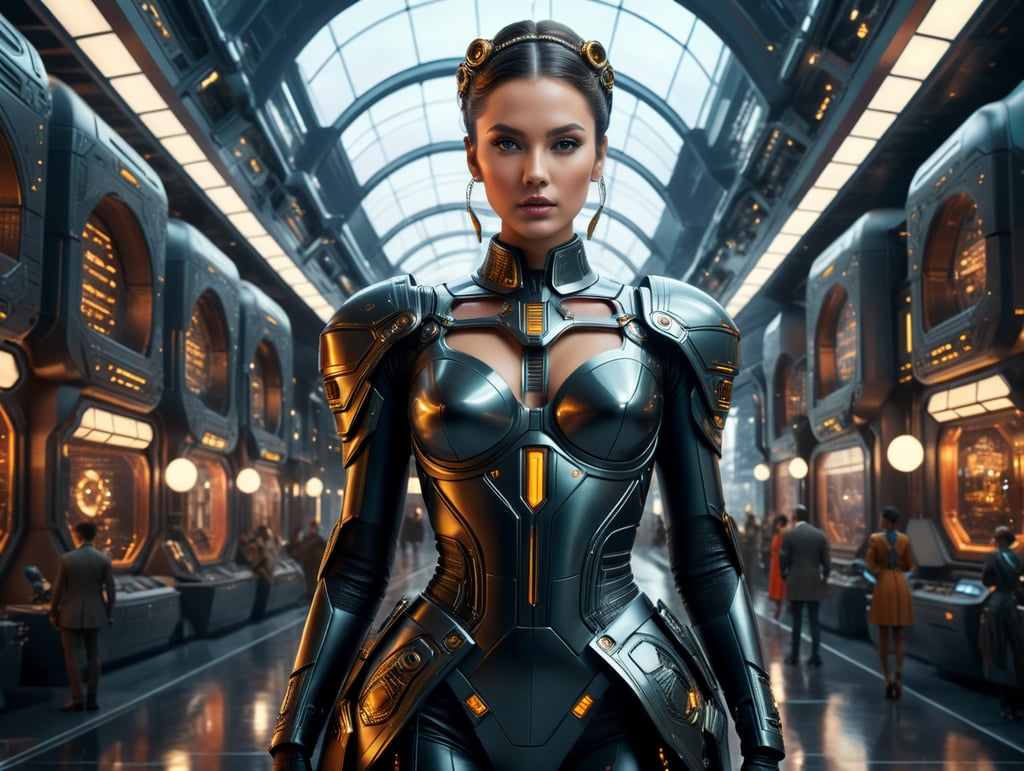 Haute couture fashion model, in the style of wes anderson in front of futuristic building, with computer layouts