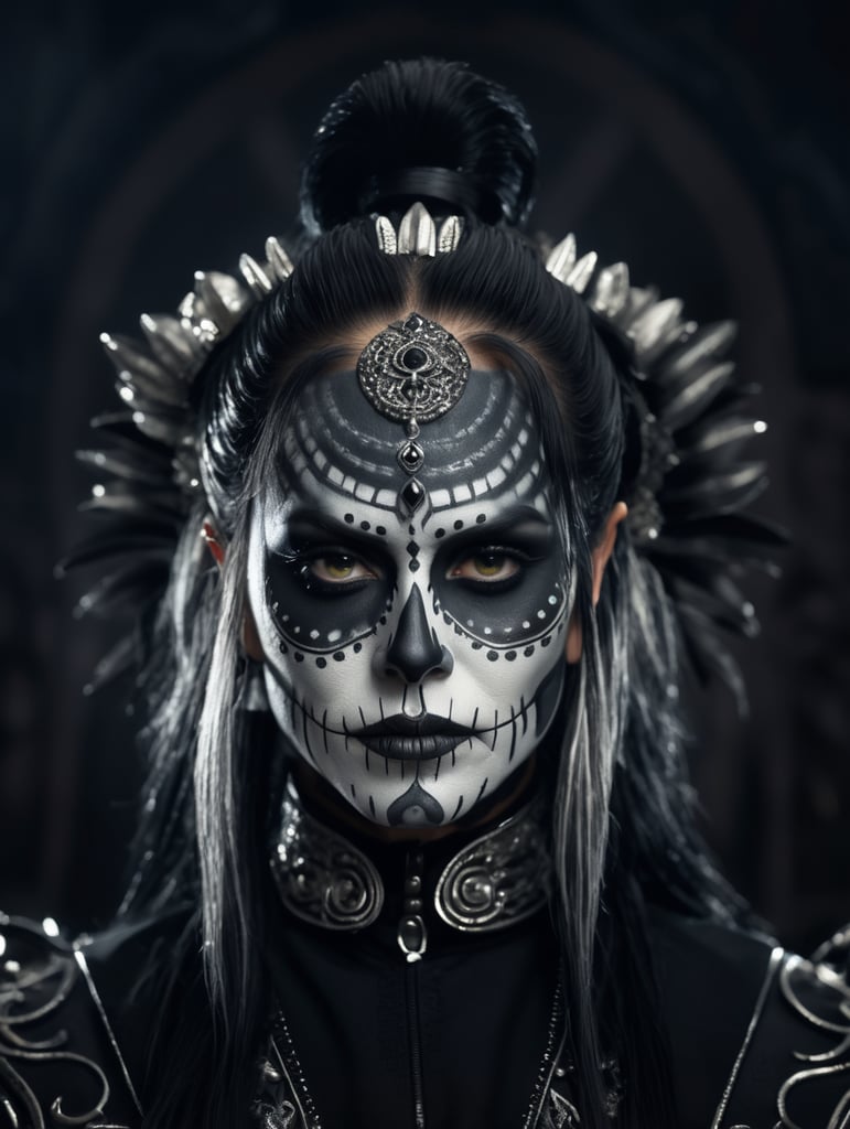 Nikki Sixx, black hair, , wearing black with silver accents, face art, make-up cinquo de mayo, day of the dead, hell background , intricate details, cinematic lighting, photo realistic, close-up portrait, DarkArt, dark background, 8k, designed by HR giger