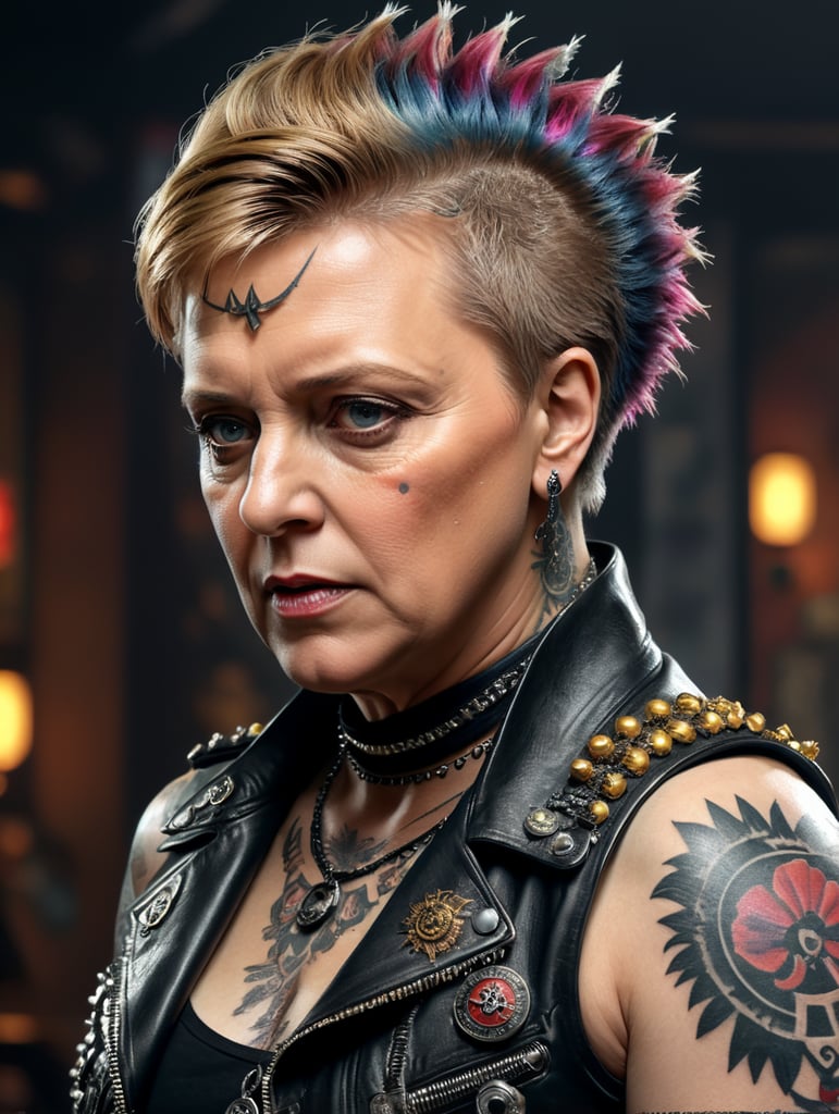 Angela Merkel as a punk rocker, mohawk, tattoos, piercing